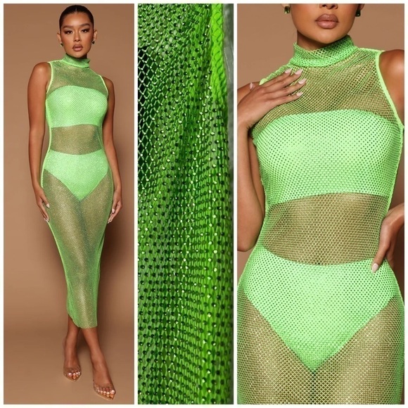 Fashion Nova Dresses & Skirts - Fashion Nova Luxe Neon Green Lime Nadiya Embellished Fishnet Midi Dress Size XL